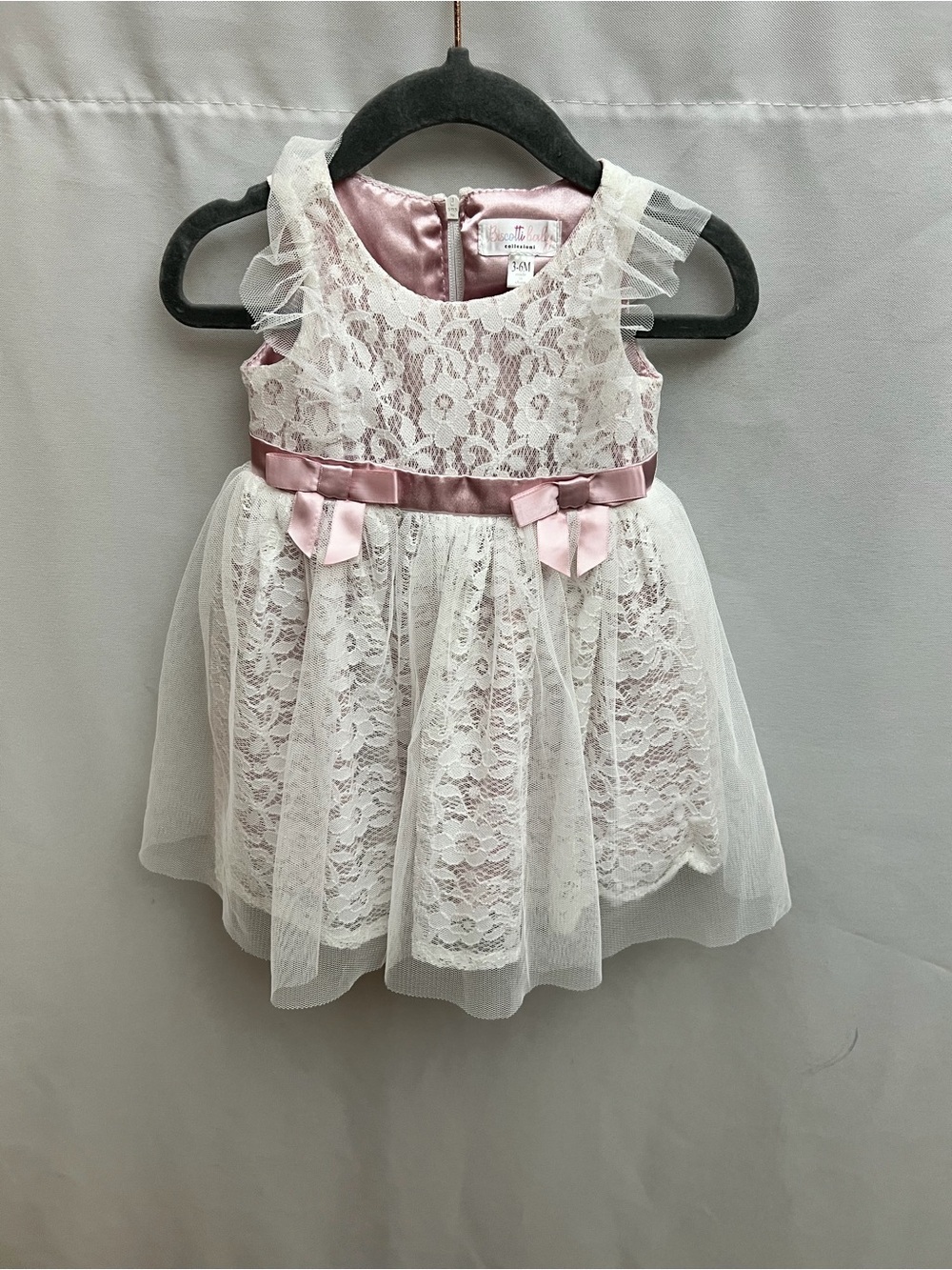 Biscotti Baby Lace Tulle Party Dress Pink Ivory Bow Infant Girls 3-6 Months